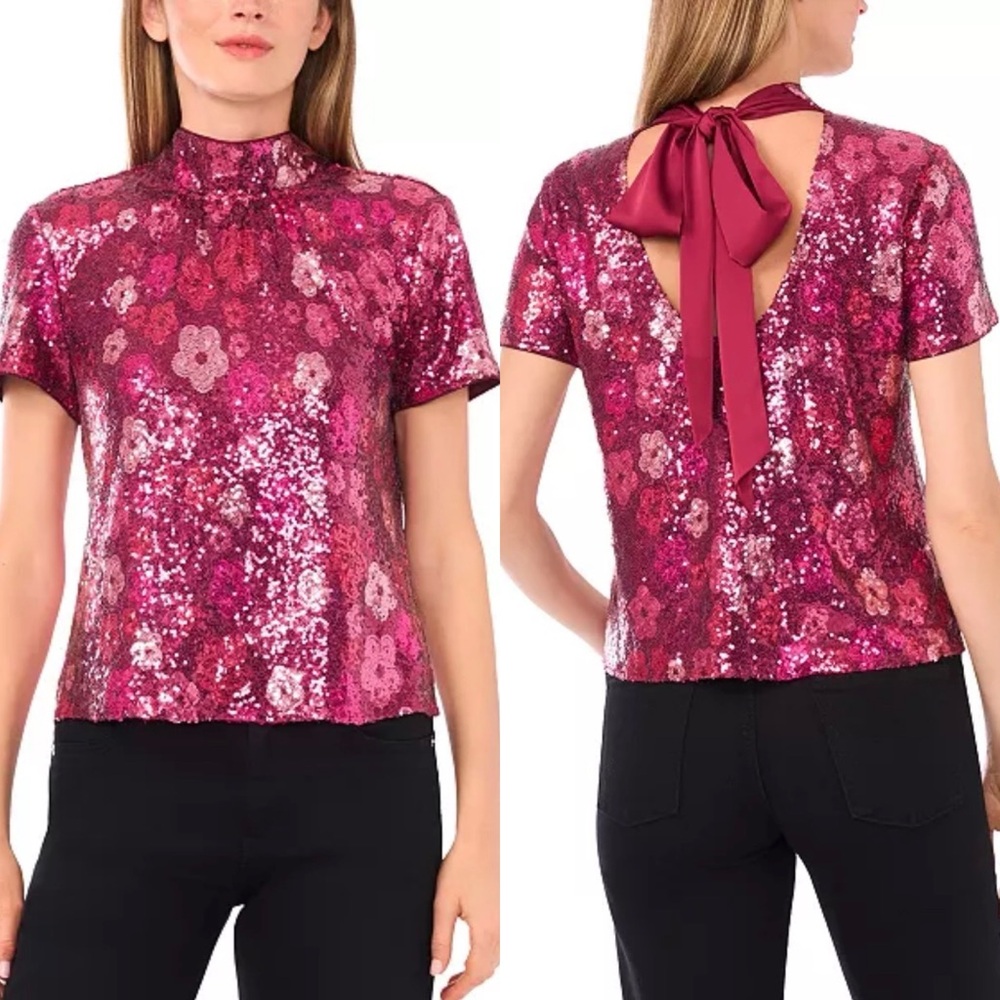 CeCe | Pink and Red Floral Pattern Sequin Top w Back Tie, XL NWT